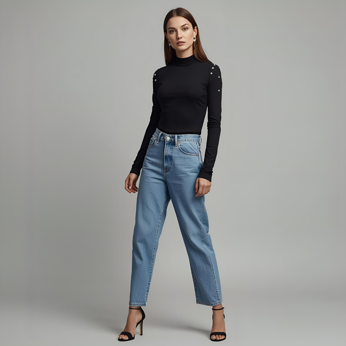 NOIRELLE | Eleganter schwarzer Rollkragenpullover mit langen Ärmeln und Perlenakzenten