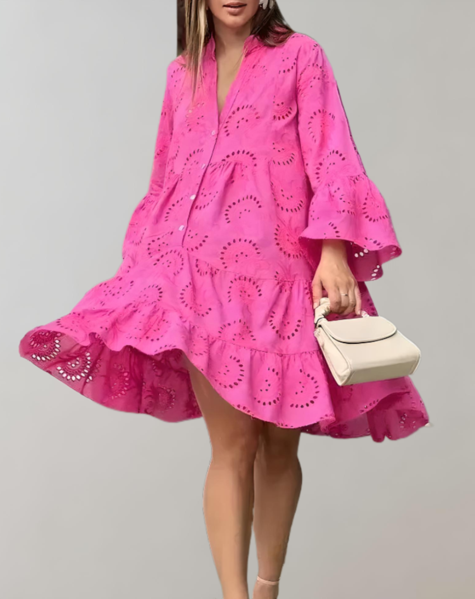 Elegantes V-Ausschnitt-Kleid mit bestickten Glockenärmeln für entspannten Komfort