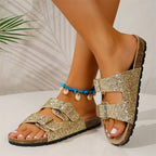 Glitzernde Damen-Sandalen mit Doppelschnallen