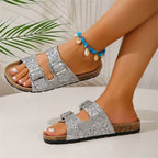 Glitzernde Damen-Sandalen mit Doppelschnallen